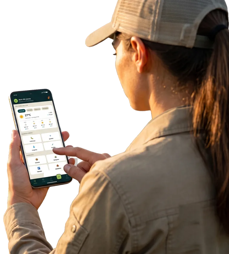 Agrônoma de boné usando o aplicativo VERO Campo no celular